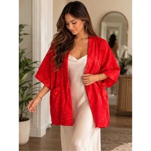Vintage 100% Pure Silk Red Short Kimono‎ Robe Pockets-Flower Embroidery- Size L